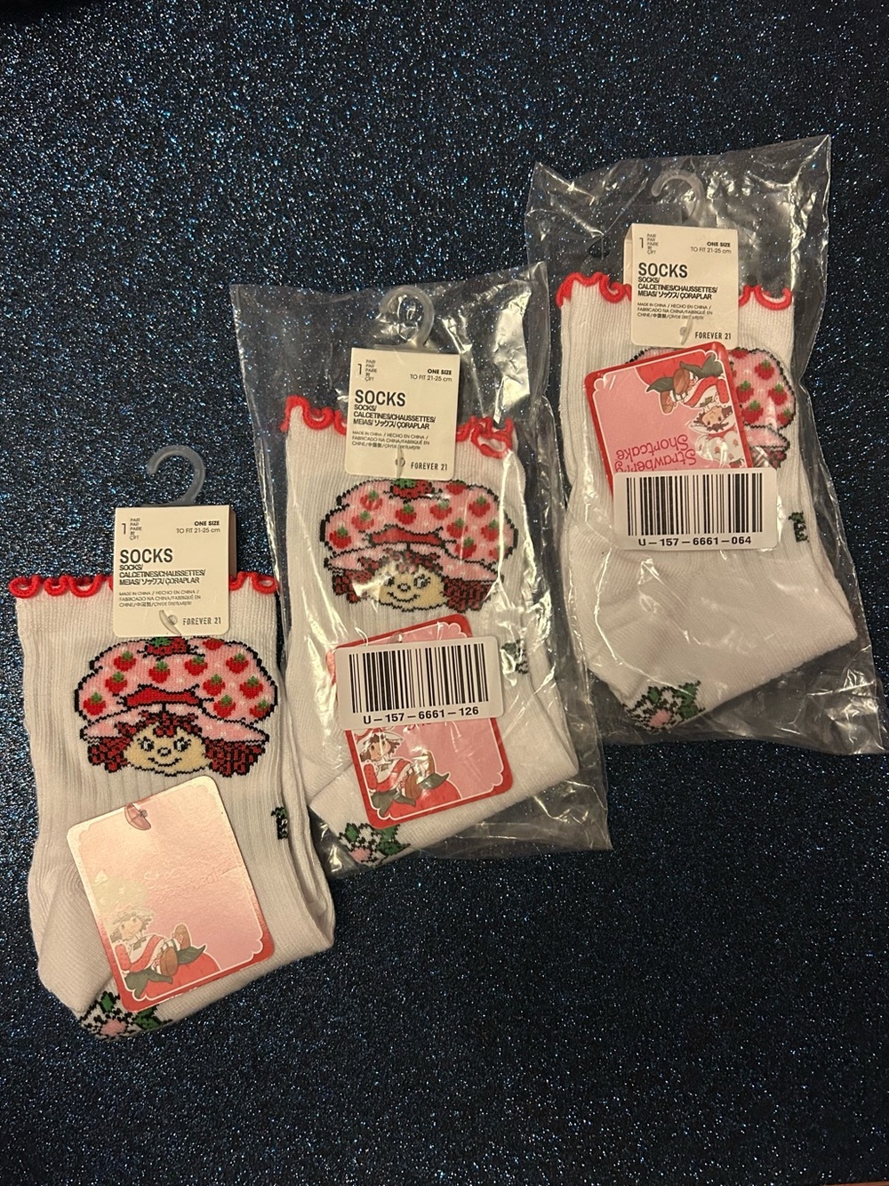 Forever 21 White Crew Socks with Red Trim and Strawberry Character set of three